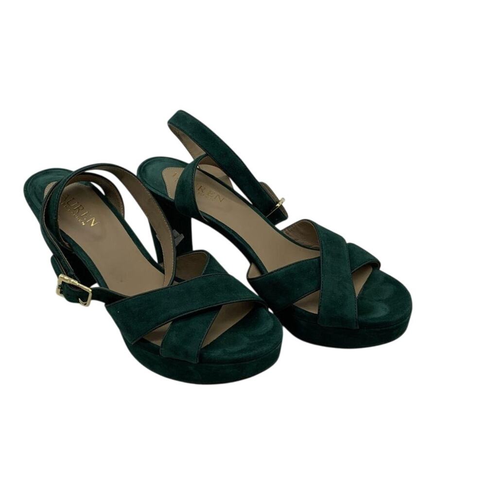 Lauren Ralph Lauren Sasha Dark Green Suede Platform Sandals 8.5 Ankle Strap
